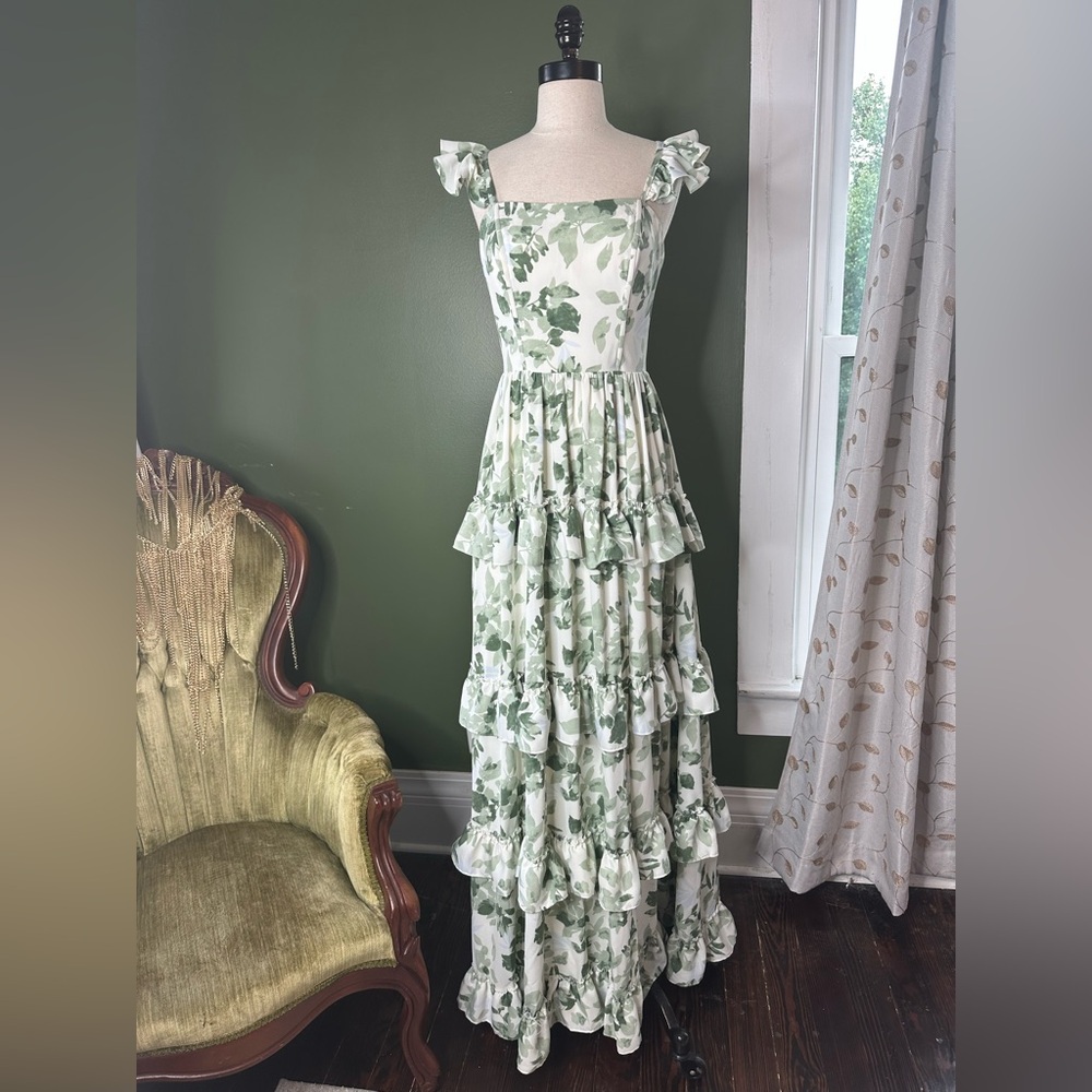 Elegant Green Floral Tiered Maxi Bridesmaid Dress - Sage